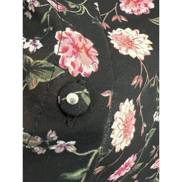 Elie Tahari Womens Floral Top Blouse Size Medium Button Long Sleeves Black Pink - Picture 9 of 10